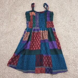 Earthbound Trading Co Patchwork Boho Smocked Bodice Spaghetti Strap Dress Small